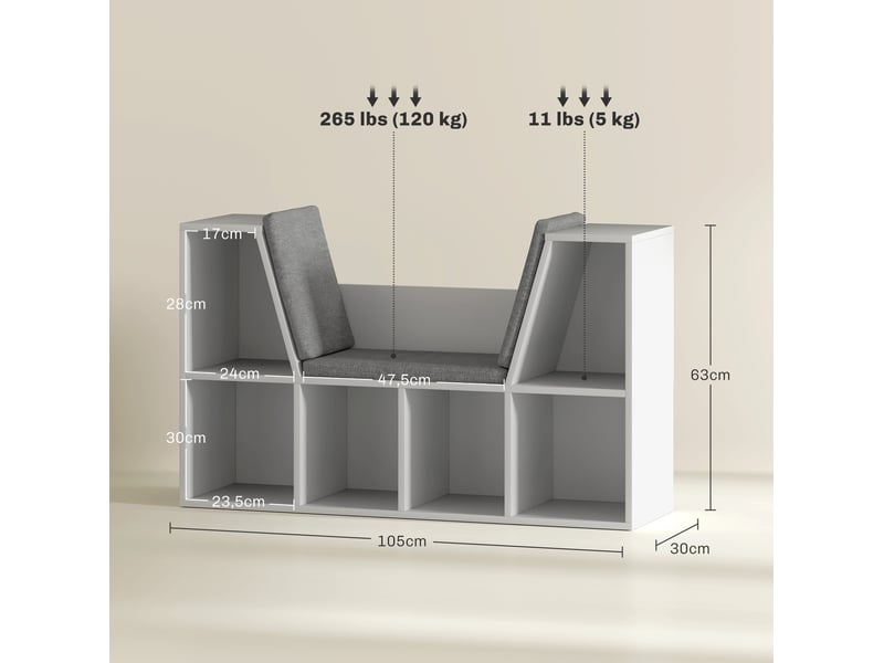  Étagère-banc avec coussin d'assise 105 x 30 x 63 cm – blanc – 6 compartiments de rangement  - Conforama C