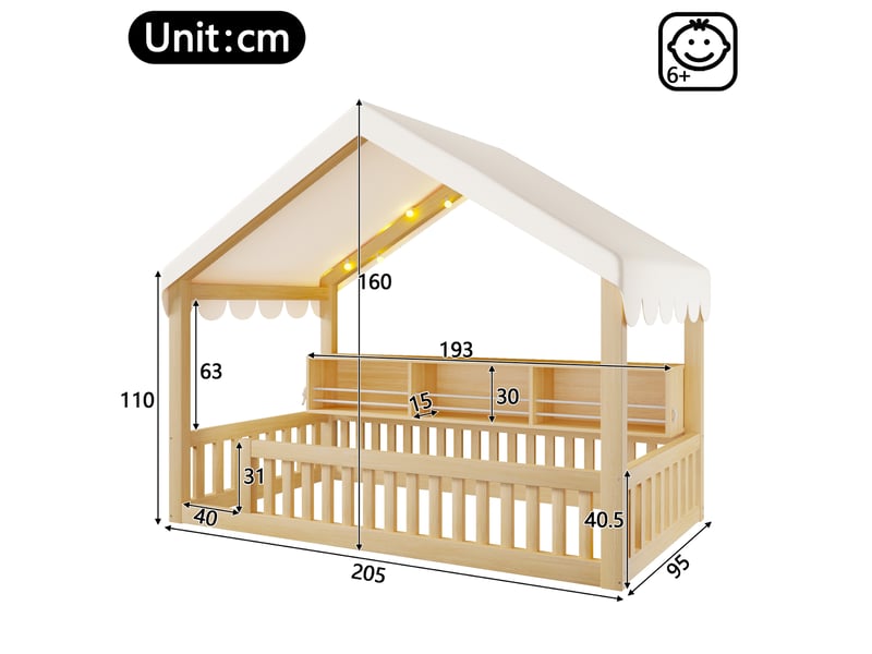  Lit cabane enfant simple 90×200 cm avec led, étagère et barrière - okmyhome- naturel, sans matelas  - Conforama D