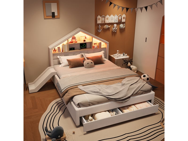 Lit cabane 140x200 cm en velours beige avec toboggan, led, prise de charge, étagère de tête de lit et coffre chicfurn - Conforama D