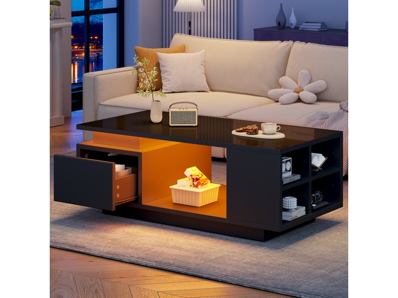  Table basse noire avec led 100x50 cm - table de salon avec tiroir et rangements finition brillante  - Conforama W