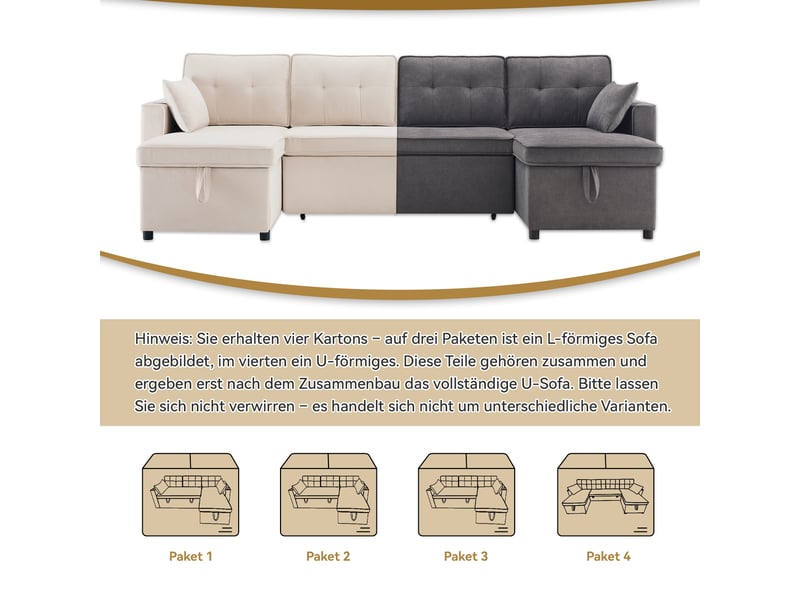  Canapé panoramique en u convertible avec rangements, porte-gobelets et poche latérale en tissu aspect lin beige, 270 × 130 × 86 cm  - Conforama E