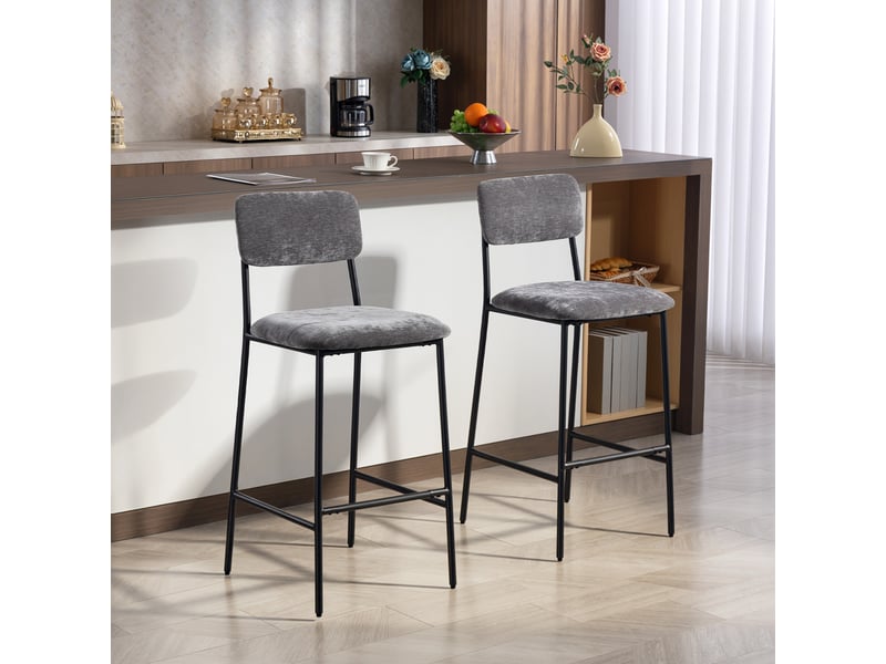  Lot de 2 tabourets de bar en tissu chenille, chaises de bar rembourrées, assise large, dossier haut, 45,5x48x101cm, gris  - Conforama D