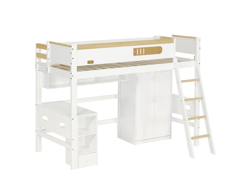 Lit superposé enfant blanc et naturel avec rangement, bureau et armoire intégrés - Conforama D