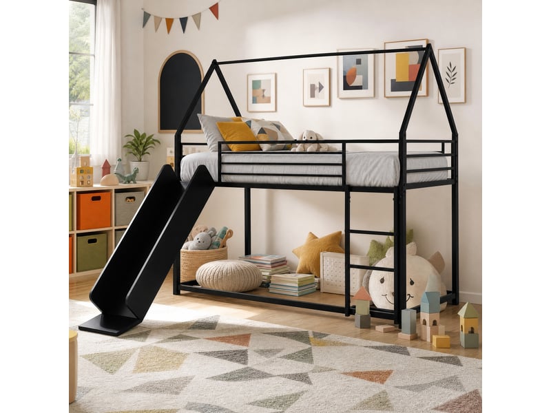  Lit superposé enfant 90x190 cm avec toboggan, structure maison et métal noir  - Conforama B