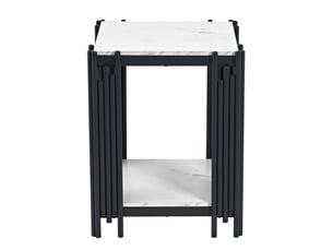Table basse 43x40x55 cm, 2 niveaux, en mdf aspect marbre noir et coloris blanc, structure en métal noir