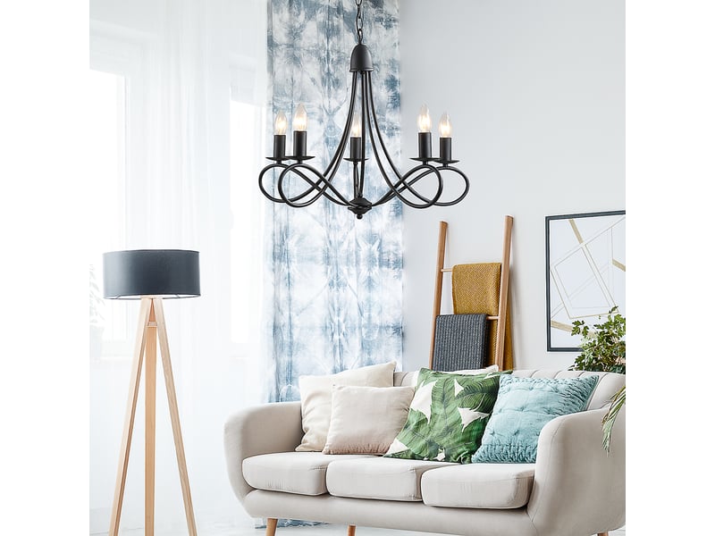  Lustre de plafond de style rustique, en acier tressé noir, avec 5 bougeoirs réglables et pliables ф58 x 45cm  - Conforama C