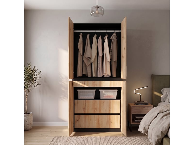  Armoire chêne avec tiroir à bijoux, 90 x 50 x 200 cm, 4 portes, tringle à vêtements et 2 tiroirs  - Conforama B
