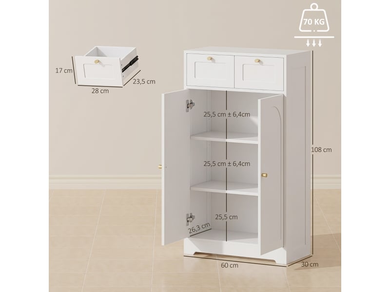  Meuble de salle de bain étroit avec 2 tiroirs et étagère réglable, 60 x 30 x 108 cm, blanc  - Conforama C