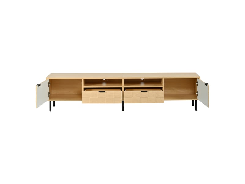 Meuble tv 200 cm pour écran jusqu’à 80 pouces, 2 portes, 2 tiroirs, décor 3d, bois clair - Conforama B