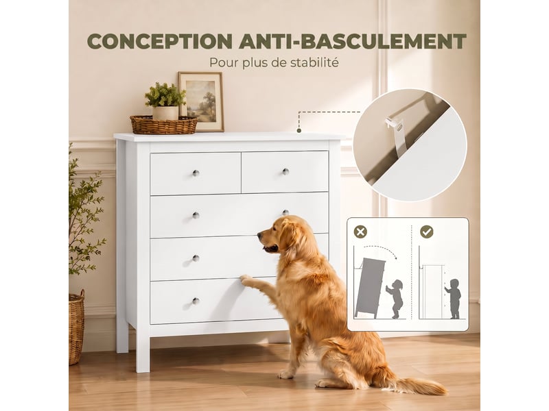  Commode à 5 tiroirs, meuble de rangement, avec poignées, glissières métalliques,  en bois, 79l x 39,5p x 80,5h cm, blanc  - Conforama E