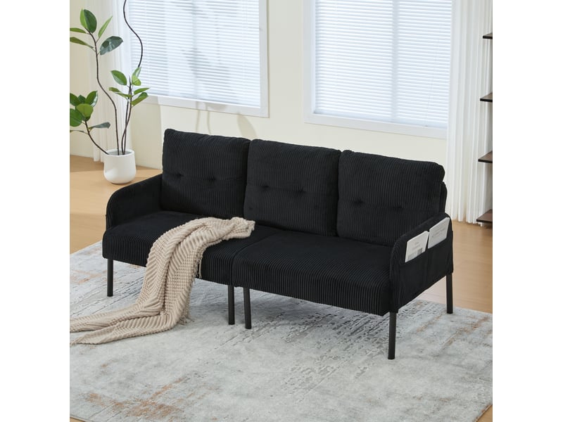 Canapé 3 places en velours côtelé noir avec poches latérales - Conforama B