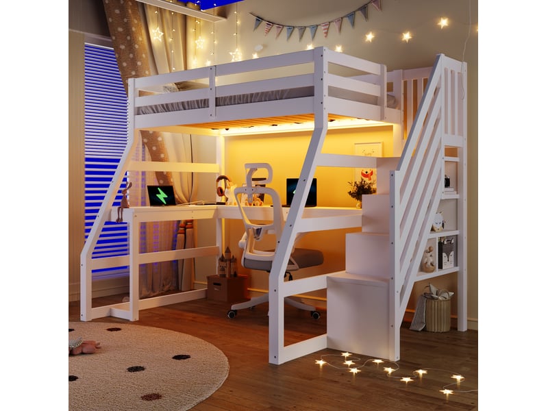 Lit mezzanine enfant 90 x 200 cm blanc avec bureau, led, usb et escalier de rangement - Conforama B