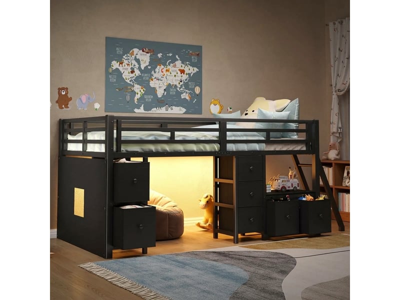 Lit mezzanine 90x200 avec 7 tiroirs, lit enfant avec led et espace de jeu, noir - Conforama B