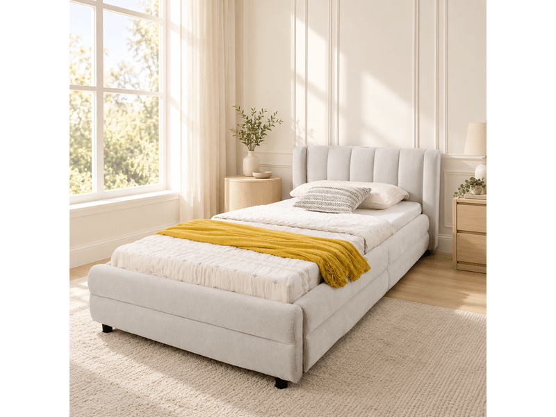  Lit enfant 90 x 200 cm, 1 tiroirs, rangements latéraux, port usb, design ergonomique, tissu chenille doux, beige Bliss Lite - Conforama D