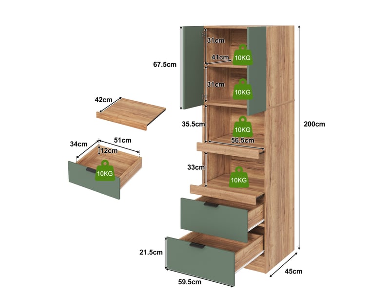  Buffet haut de cuisine vert en mdf, 2 portes, 2 tiroirs et 2 étagères ouvertes, rangement multifonction  - Conforama C