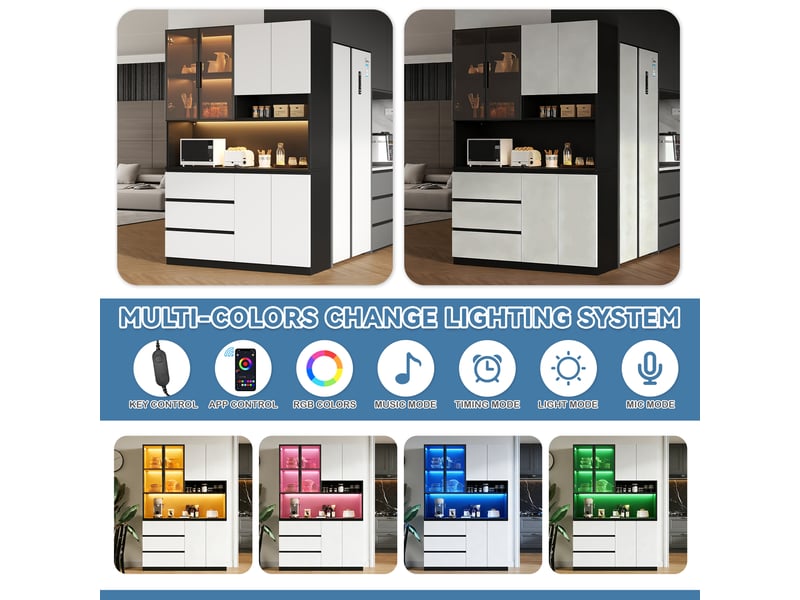  Buffet haut led 120,5 x 40 x 180 cm meuble de rangement cuisine avec 6 portes, 3 tiroirs et espace micro-ondes, blanc et noir Radiant Stride - Conforama E