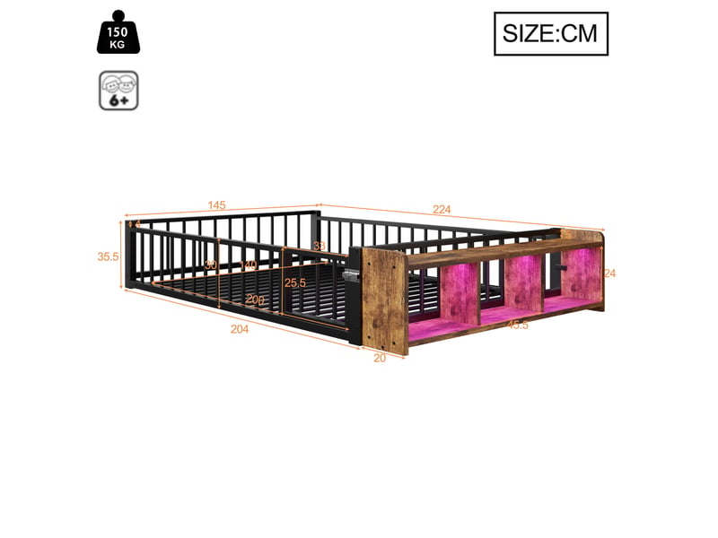  Lit 2 places enfant 140x200 cm en métal noir avec rangement led et barrières, sans matelas  - Conforama C