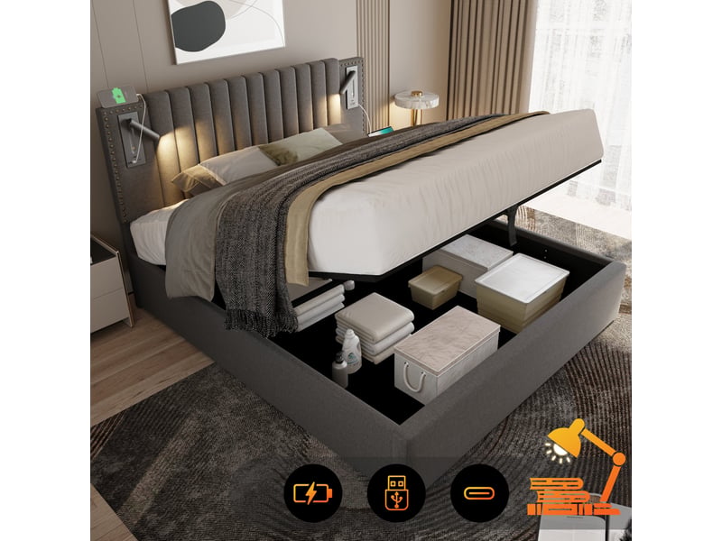  Rayofi lit rembourré 160x200 avec matelas, coffre de rangement, tête de lit cloutée réglable, lampe de lecture orientable et 2 ports usb type-c, sommier à lattes, tissu coton-lin gris.  - Conforama C