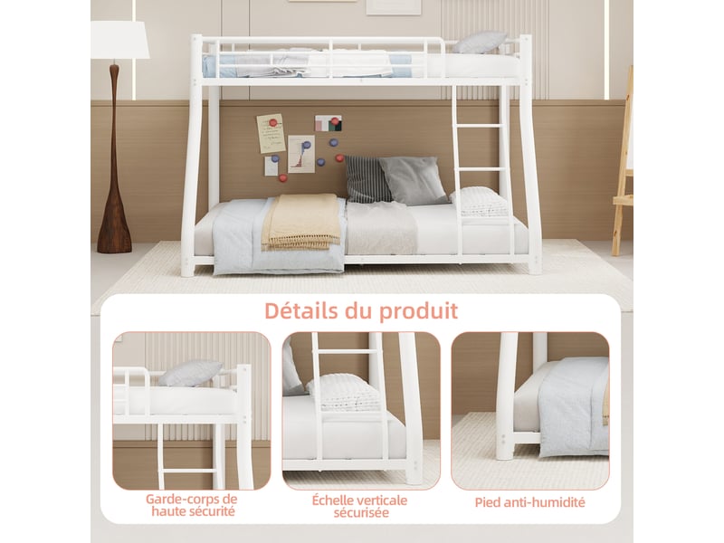  Lit superposé en métal pour adultes avec échelle et garde-corps intégral, couchage inférieur 140 x 190 cm  - Conforama W