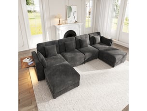 Canapé modulable 6 places 292cm - led bluetooth tablettes 2 poufs - tissu chenille - gris