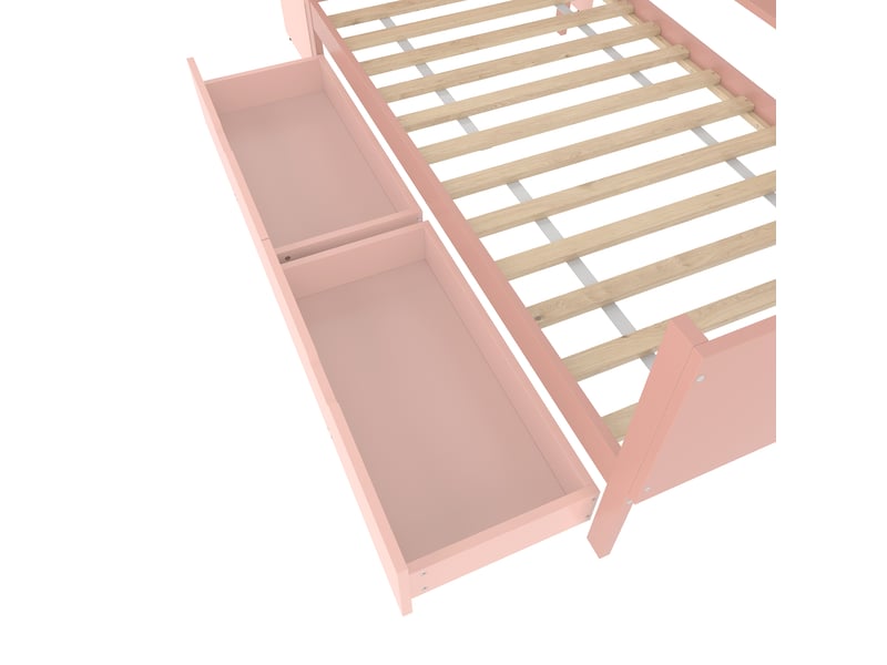  Lit simple 90x200 rose en bois avec bureau intégré et 2 tiroirs, sommier inclus  - Conforama R