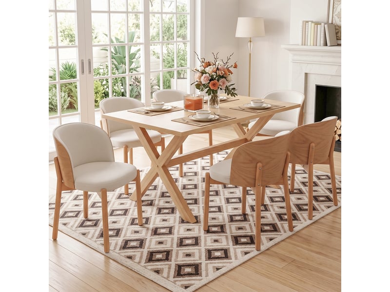  Chaise de salle à manger lot de 4 avec dossier enveloppant  - assise rembourrée, bois massif et lin - naturel  - Conforama B