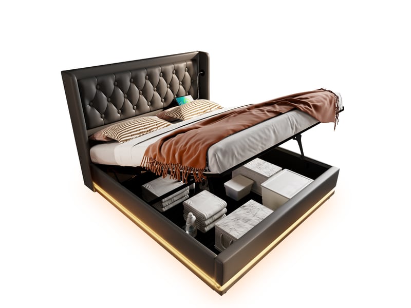  Lit double coffre hydraulique 180 x 200 cm avec led, usb-c et sommier, noir  - Conforama A
