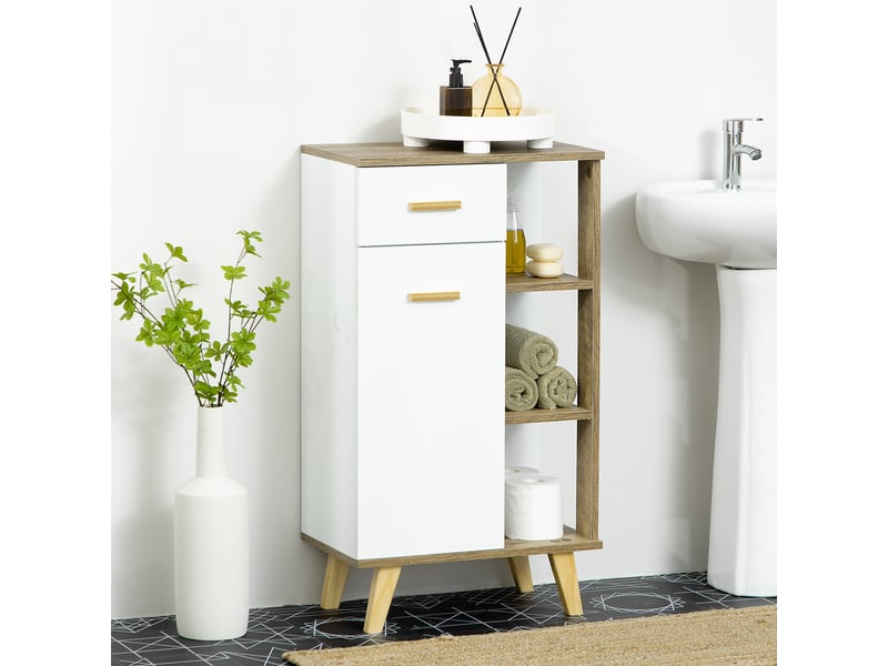  Meuble de salle de bain moderne avec placard, tiroir et étagères en bois, 50 x 30 x 89 cm, blanc  - Conforama D