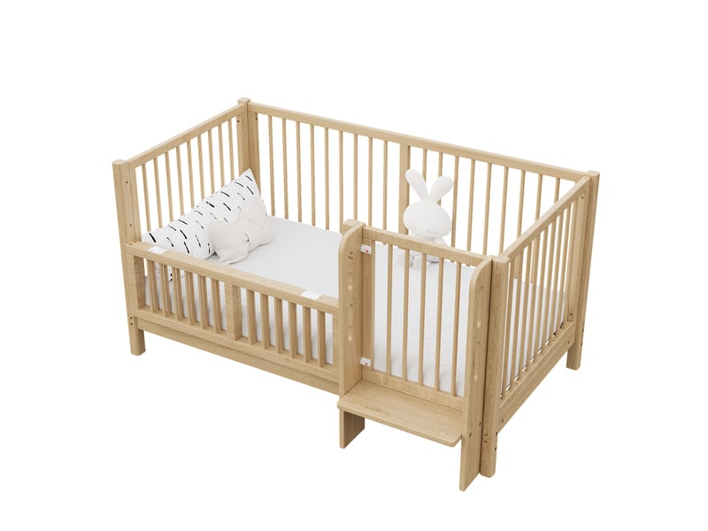 Lit enfant 140x70 cm, évolutif, avec porte sécurisée et marche intégrée, en bois, naturel - Conforama A
