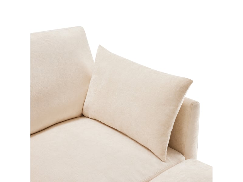 Canapé d’angle en l modulable beige, convertible 3 places, avec pouf mobile et 4 coussins en chenille - Conforama D