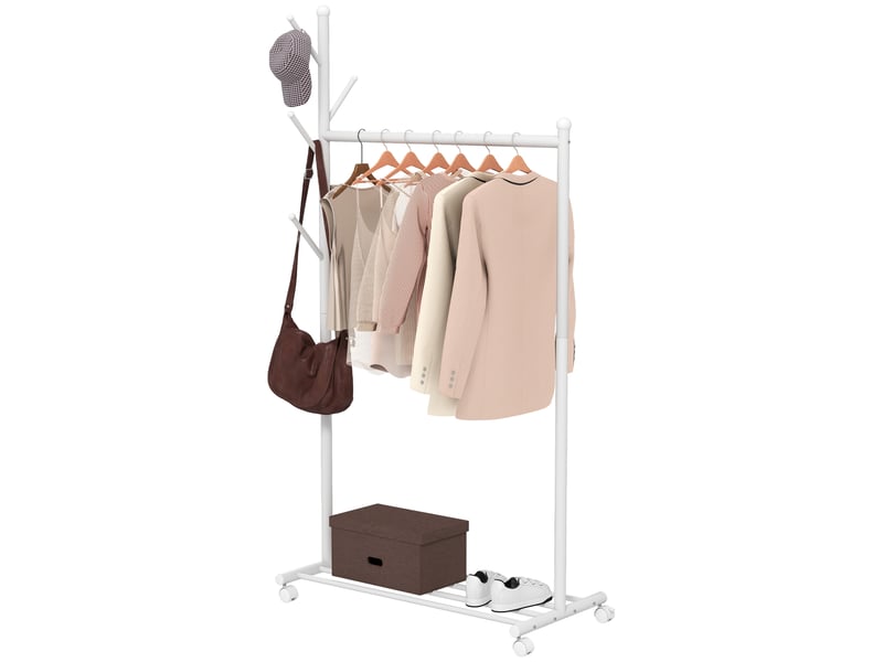  Porte-manteau à roulettes, 5 crochets et étagère à chaussures inférieure, en métal, charge maximale 9 kg, blanc  - Conforama B