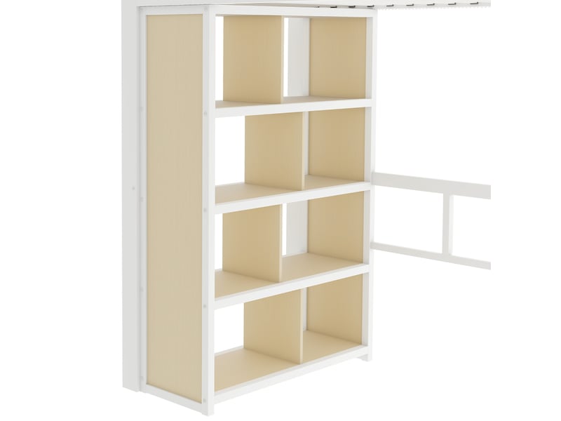 Lit mezzanine 90 x 200 cm avec bureau intégré, étagères, escalier de rangement et éclairage led, structure métal et mdf blanc - Conforama W