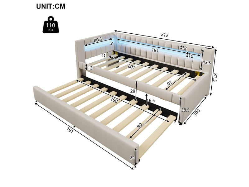  Lit gigogne jeune 90x200+90x190 cm, avec led, télécommande, ports usb et type-c, tissu lin et mdf, beige sans matelas  - Conforama C