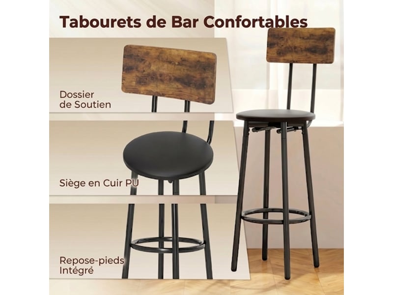  Ensemble table de bar 60x60x91 cm et 2 tabourets avec dossier, style industriel marron  - Conforama E