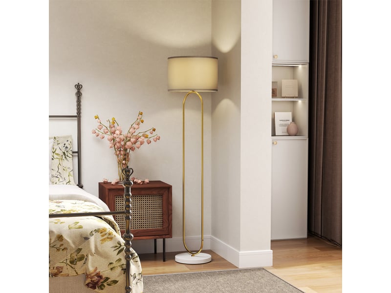  Lampadaire moderne avec abat-jour en tissu, double tube métallique et interrupteur au pied, doré  - Conforama C