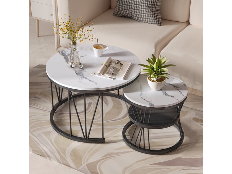  Lot de 2 tables basses - 70x70x45cm - table de salon gigognes rondes, effet marbre blanc, structure métallique v - noir  - Conforama C