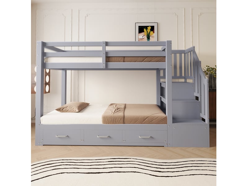 Lit superposé enfant 90x200 cm – gris – lit bas extensible 90180x190 cm, escalier de rangement, sans matelas - Conforama B