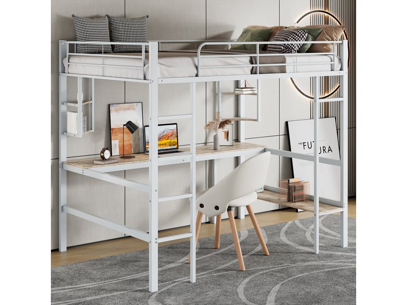 Lit mezzanine simple en métal 90 x 200 cm avec bureau & rangement, blanc - Conforama B