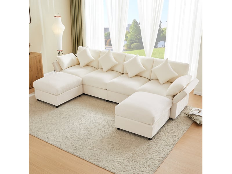  Canapé d'angle modulable en chenille avec 2 poufs, accoudoirs réglables, 4 coussins et 2 appuie-tête beige  - Conforama B