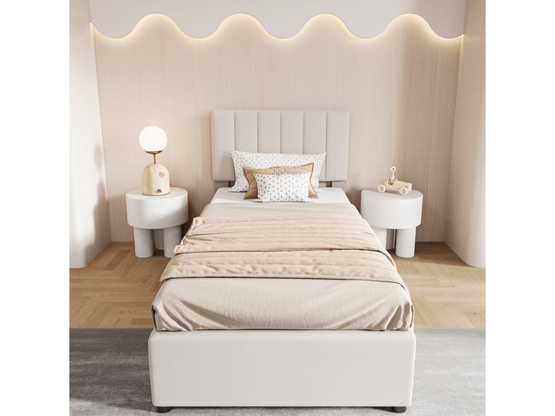  Lit coffre simple pour enfant - 90 x 200 cm-beige - avec tête de lit capitonnée et vérins hydrauliques  - Conforama E