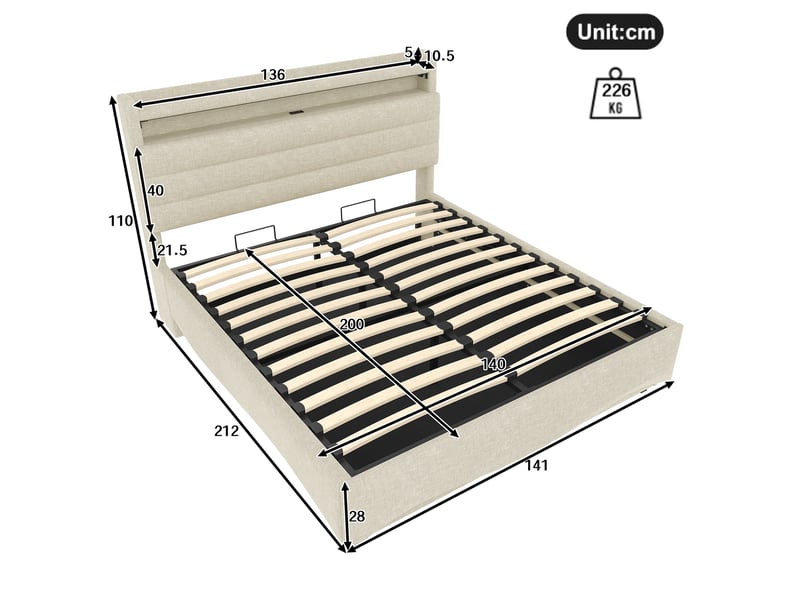  Lit capitonné 140 x 200 cm beige, led, relevage hydraulique, usb et type-c, rangements, sans matelas  - Conforama B