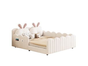 Lit 2 places rembourré 140x200 cm avec coussin en forme de lapin, beige