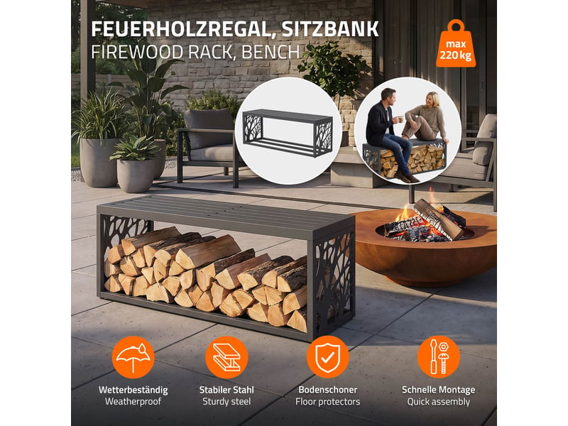  Ml-design range-bûches pour intérieur et extérieur avec banc, acier galvanisé, conception 2-en-1 motif branches, rangement bois de chauffage, support d'empilage résistant aux intempéries, 120x38x43 cm ECD Germany GmbH - Conforama B