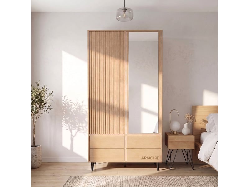  Armoire penderie 2 portes blanche et chêne 90x50x200 cm avec tiroirs  - Conforama C