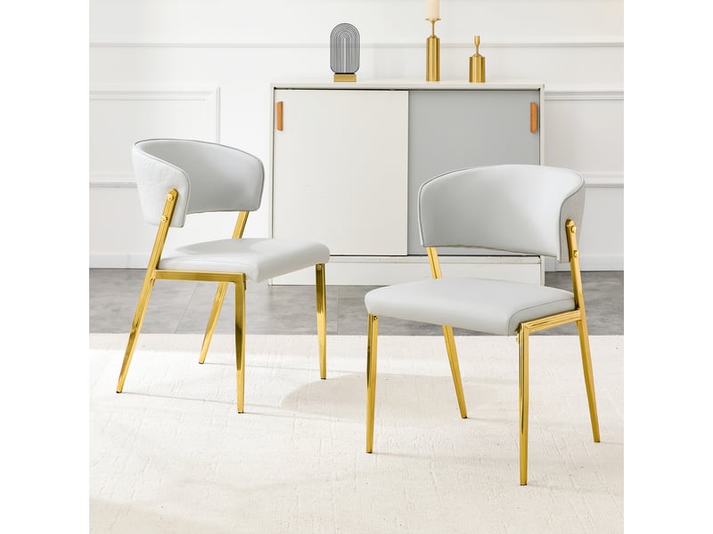  Chaises de salle à manger lot de 2 à dossier courbé rembourré  - pieds en métal, pu gris clair  - Conforama B