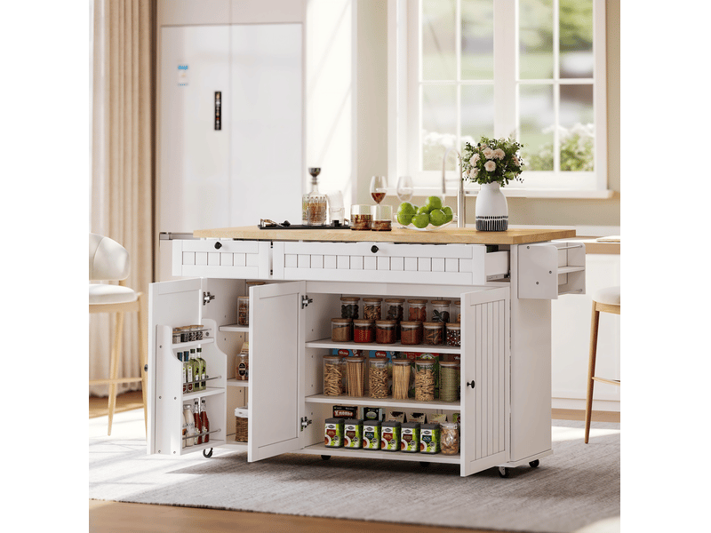  Îlot de cuisine 137 x 70 cm avec plateau rabattable, 6 roulettes verrouillables, blanc  - Conforama B