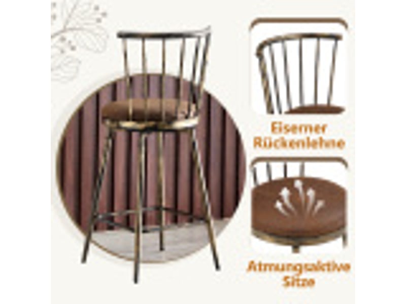  Tabouret de bar 39x39x96cm -idéal pour les îlots de cuisine, les bars et les restaurants- dossier à barreaux et assise rembourrée -métal- marron  - Conforama D