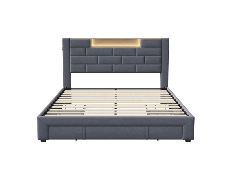  Dreammespace lit adulte 160x200 cm avec meuble de rangement 3 tiroirs, étagère led &amp; prises usb type-c, cadre velours gris DreamMespace - Conforama A