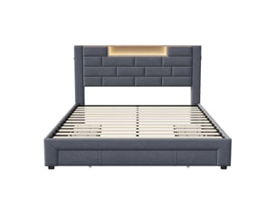 Dreammespace lit adulte 160x200 cm avec meuble de rangement 3 tiroirs, étagère led & prises usb type-c, cadre velours gris