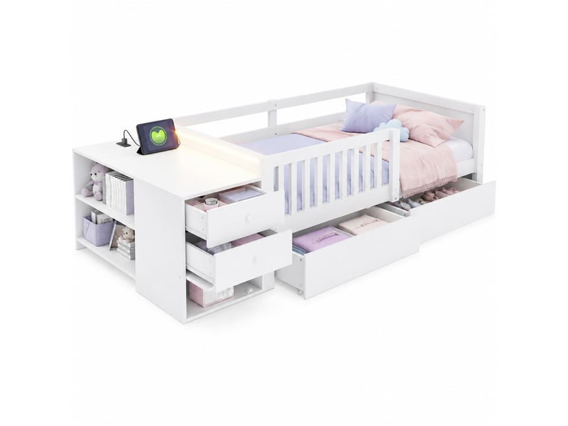  Lit enfant 90 x 200 cm blanc avec rangements, espace bureau, prise et éclairage led  - Conforama A